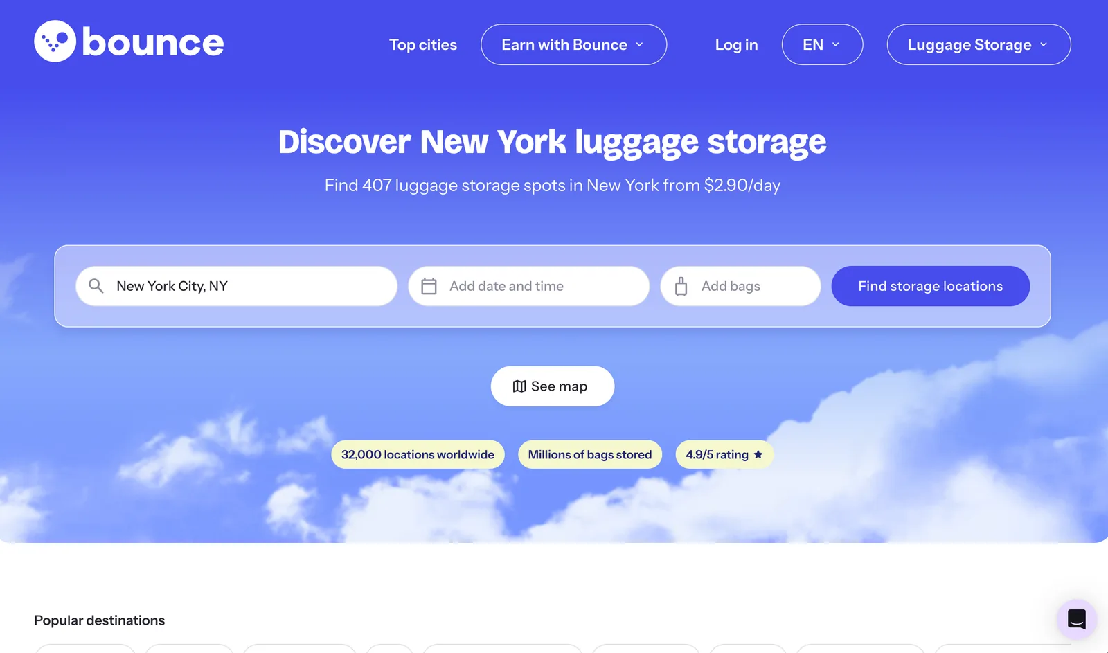 Bounce's New York luggage storage page showing a map and list of live storage locations