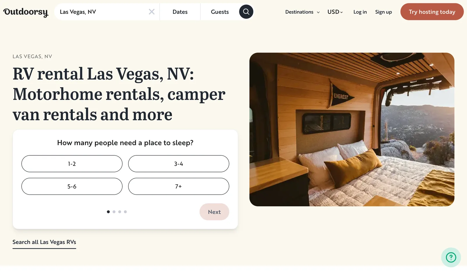 Outdoorsy's Las Vegas RV rental city page with available RV listings