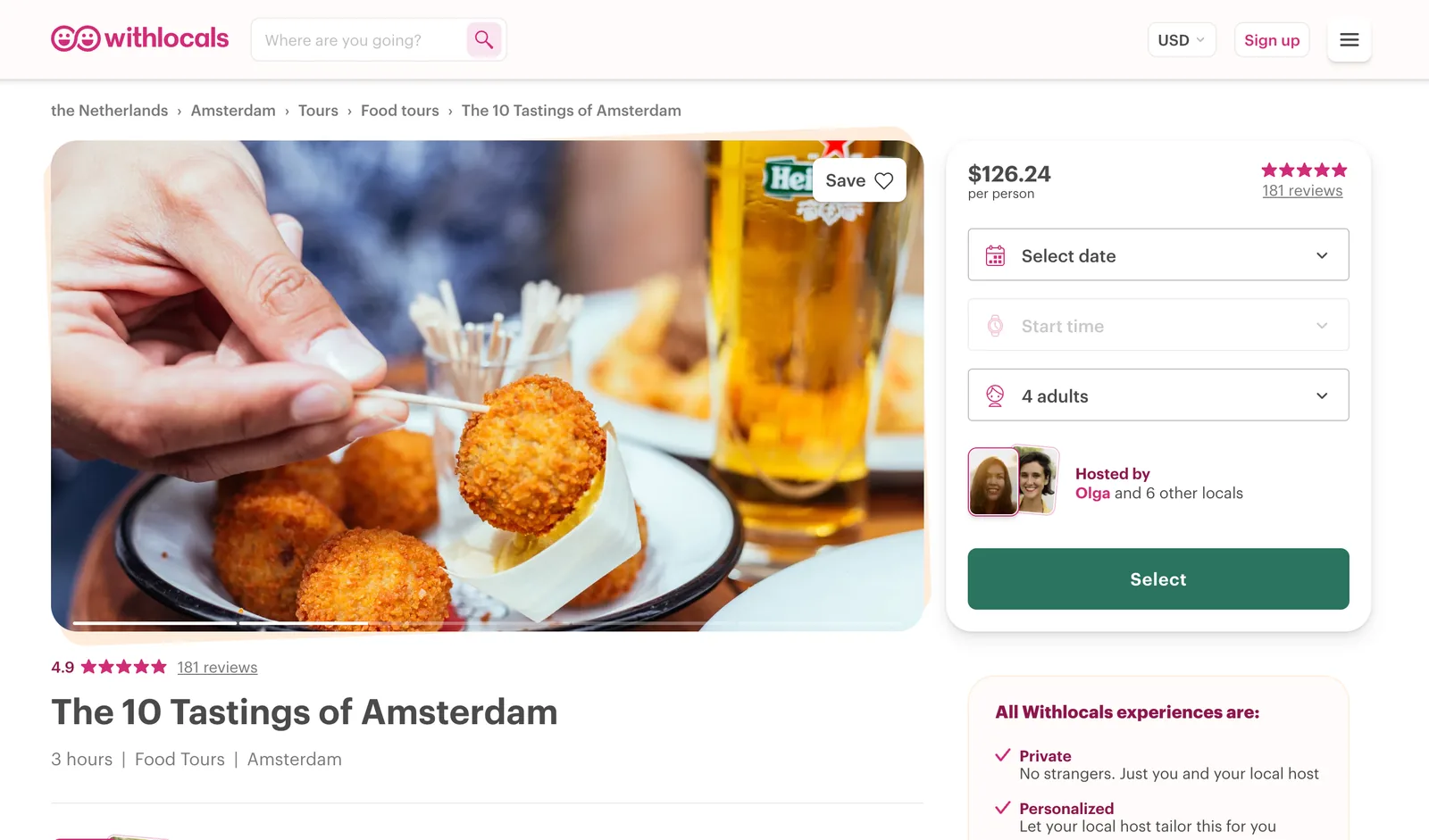 Withlocals listing page for The 10 Tastings of Amsterdam food tour with photos, host, price, and reviews